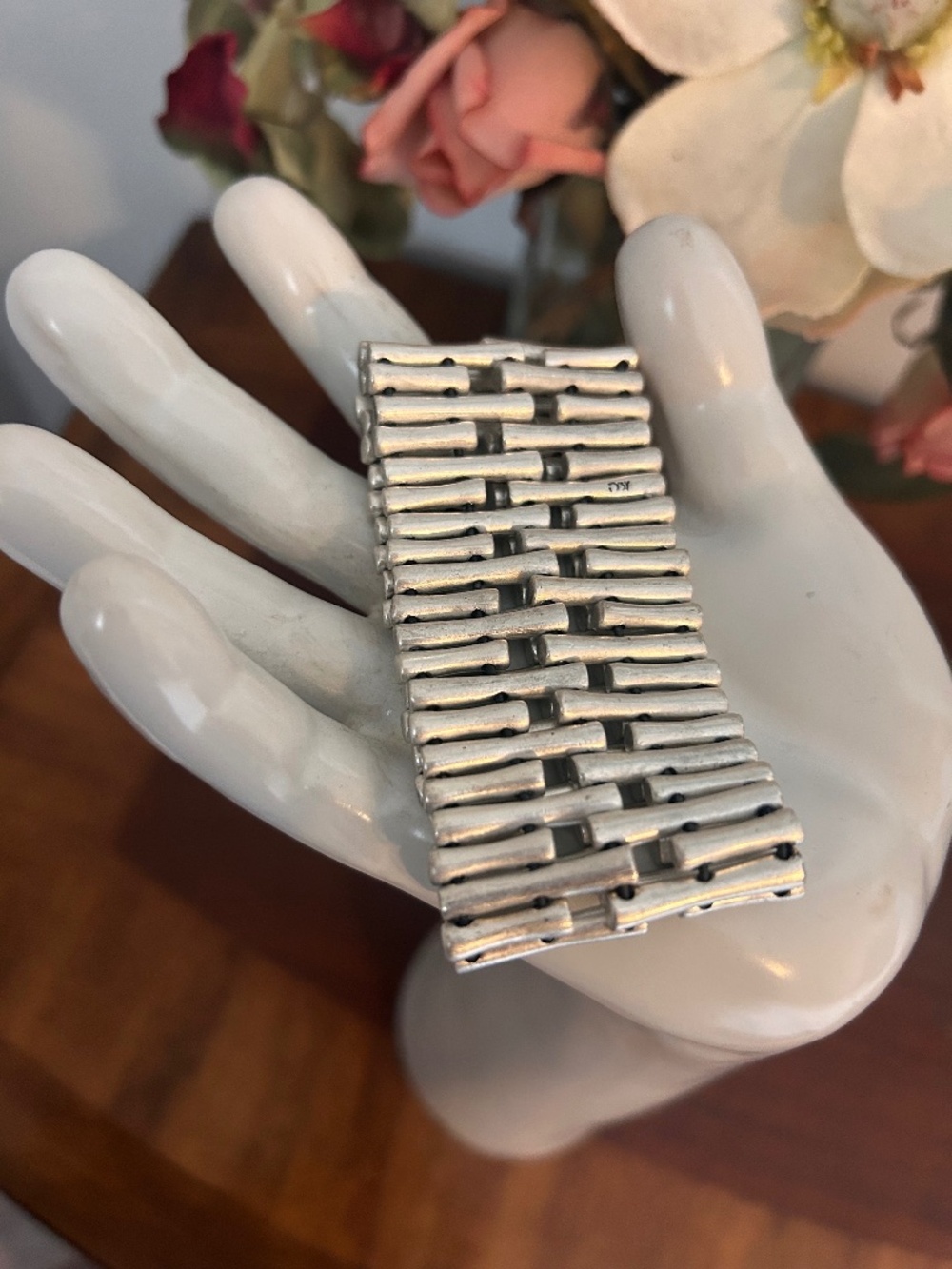 KC Signed Industrial Inspired Brushed Silver Tone Expandable Link Bracelet